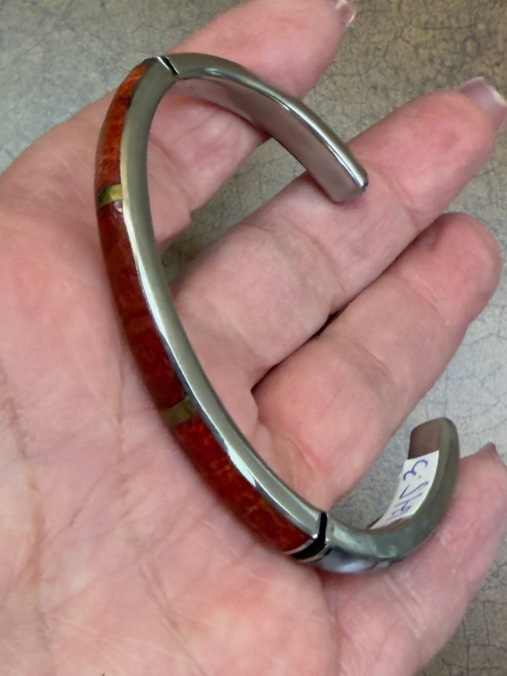 Red coral and abalone  Inlay Cuff Bracelet - Silver Tone
